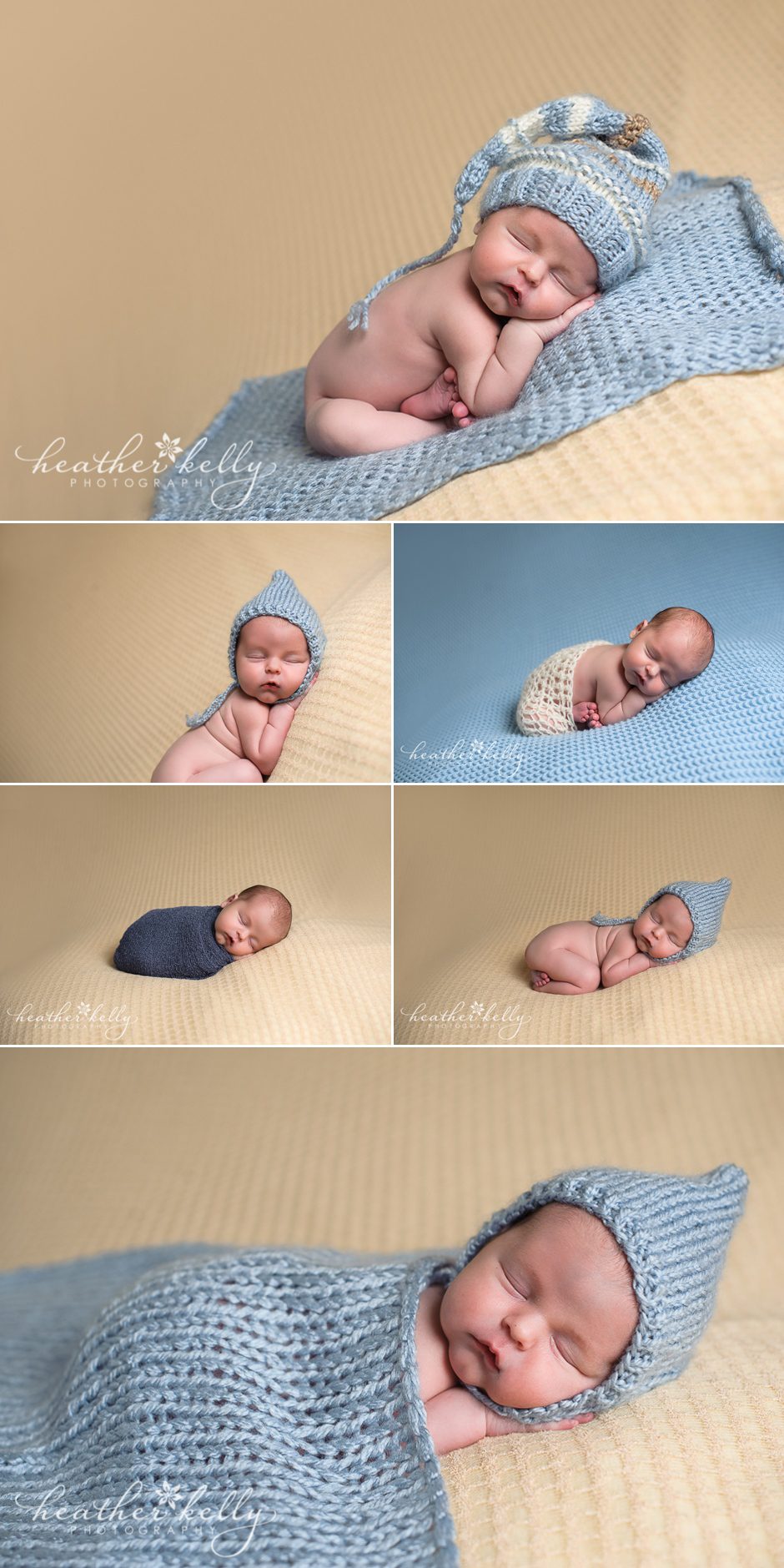 newborn baby boy with tan and blue pooh nursery