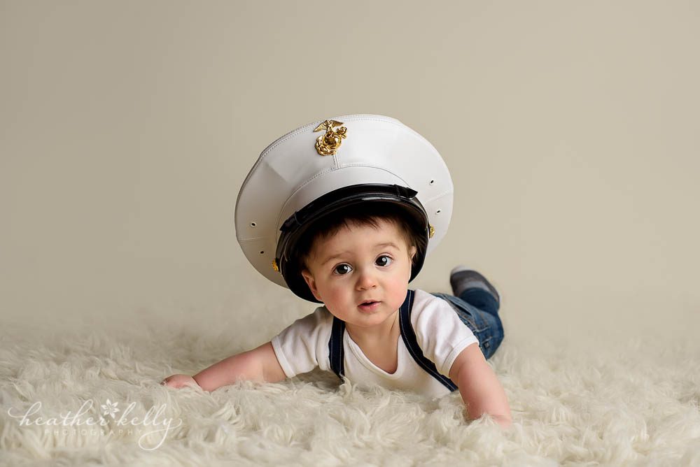 baby boy wearing dads navy hat photo monroe baby photos ct photographer
