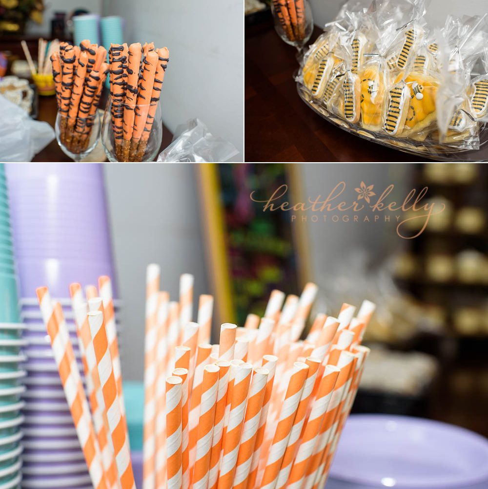 Winnie the Pooh 1st birthday party details. Tigger tails, pooh cookies, orange straws. 