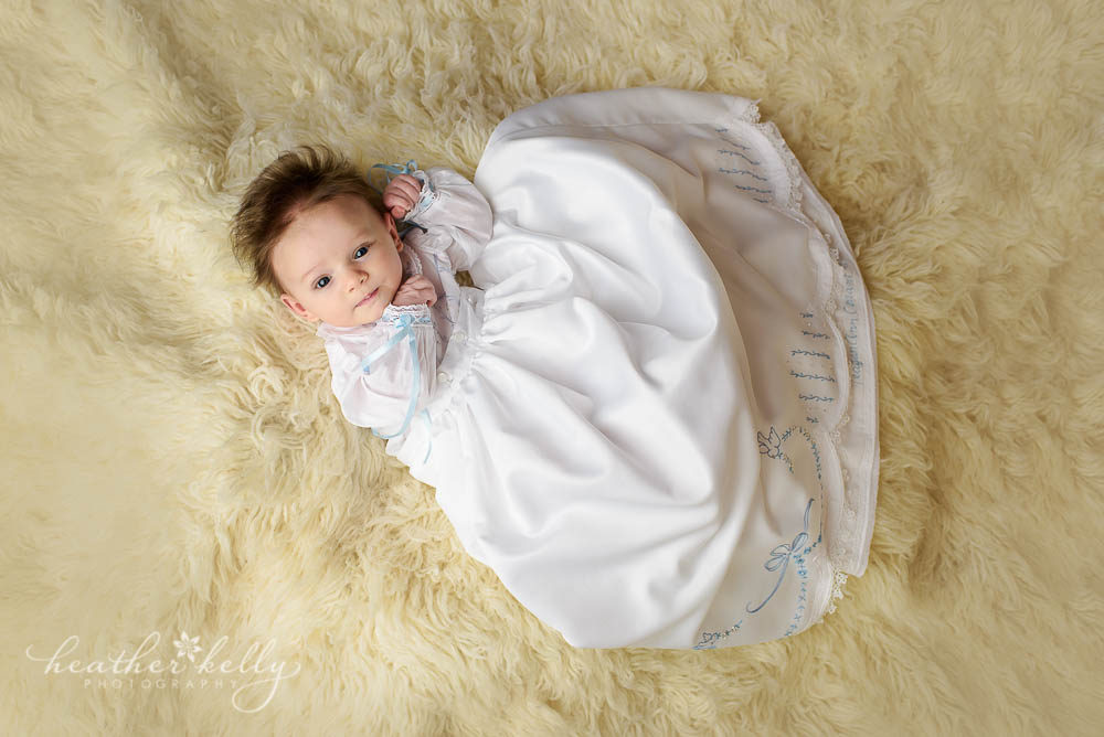 awake 6 week old baby photography. CT baptism photos. 