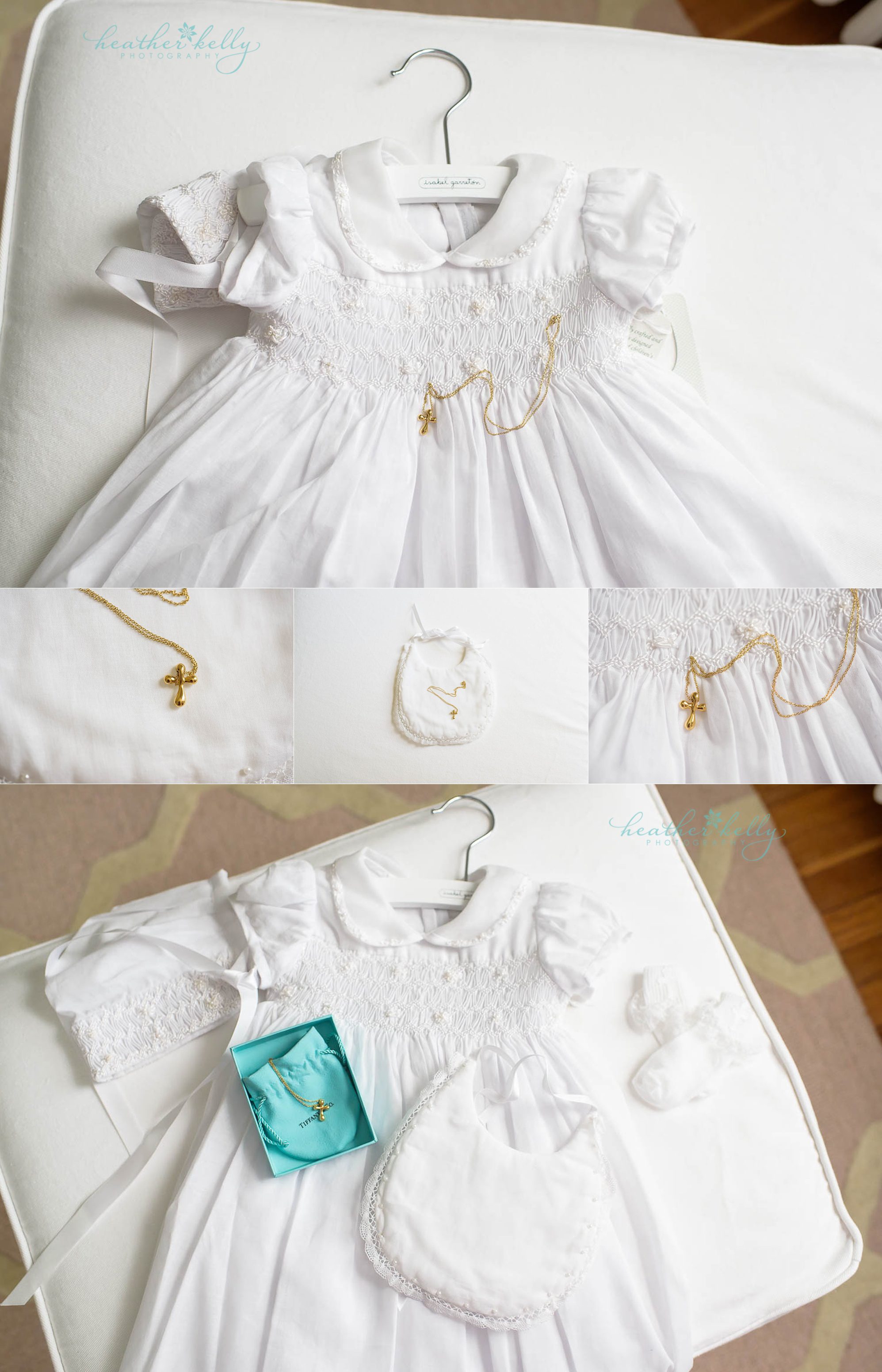 baptism photography. Photo collage of dress, big, tiffany cross necklace. new canaan ct baptism