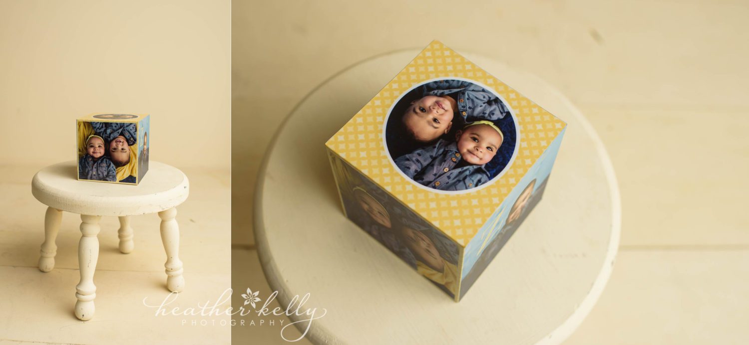 cube photography product of babies. twin milestone photo session