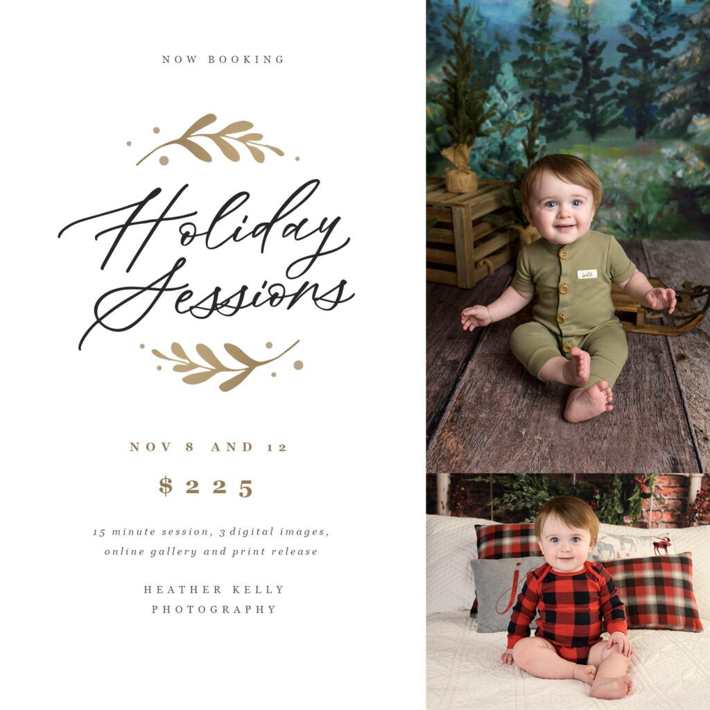 marketing board for fairfield county holiday sessions. A baby sitting with a forest backdrop. Another photo of a baby sitting on a bed decorated for Christmas. 