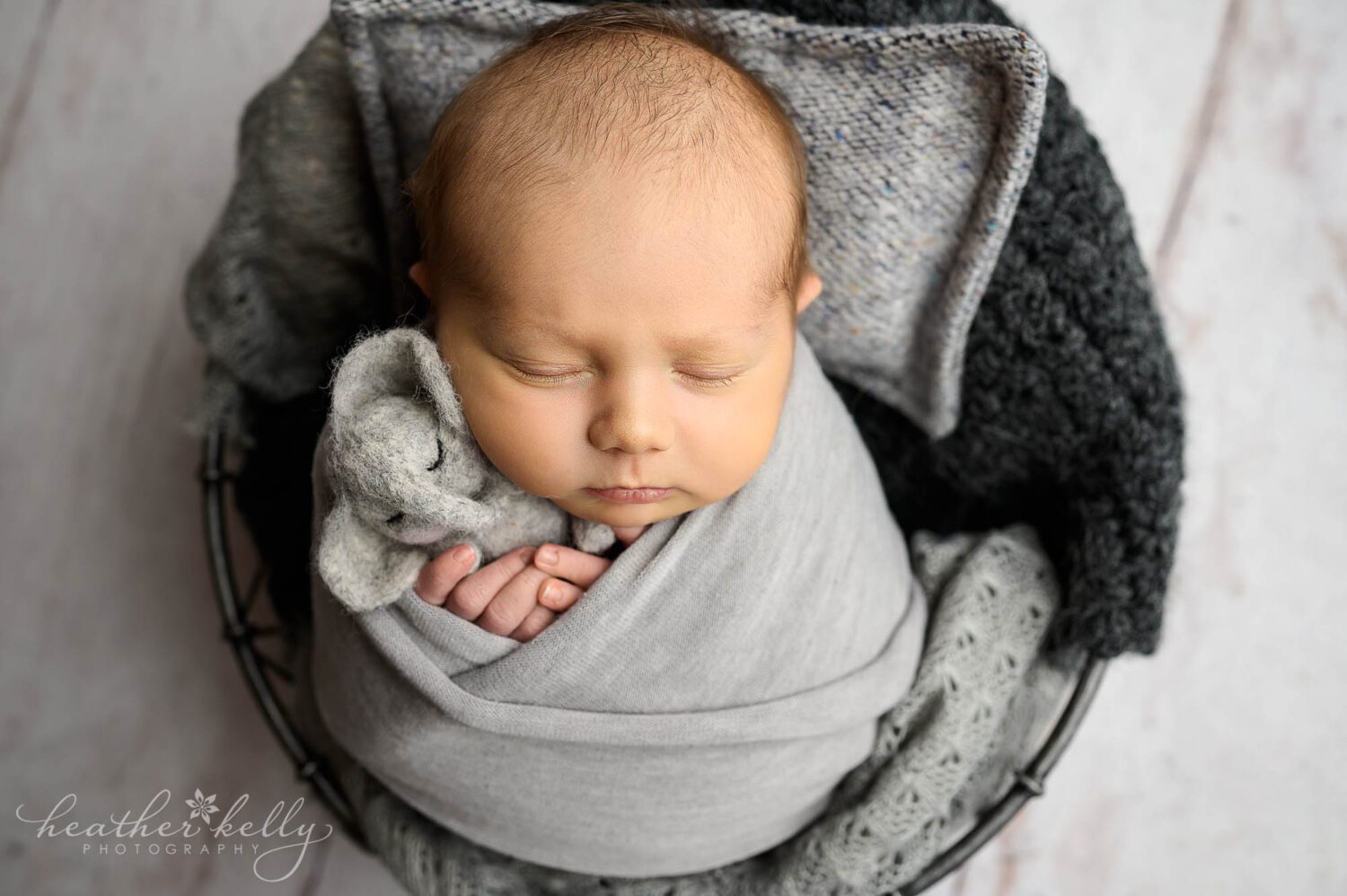 a newborn photography session with a baby boy wrapped in gray. He holds a felted elephant as he sleeps in a basket. 