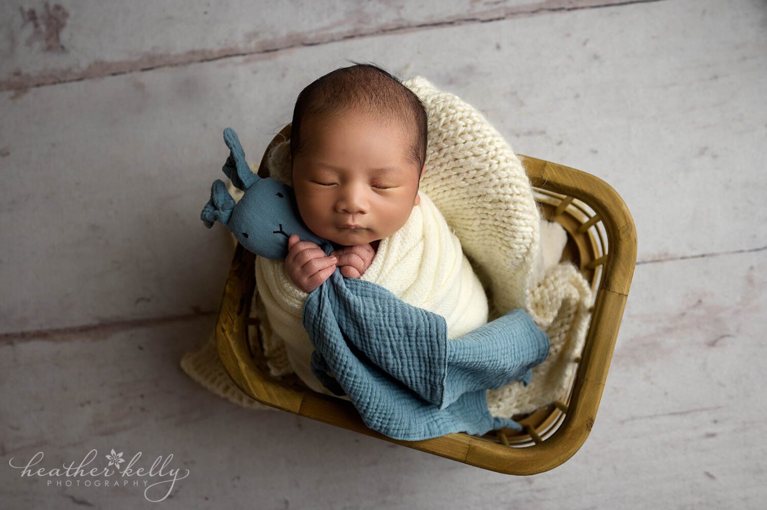a newborn photography session in Danbury CT. A newborn is cuddling a rabbit lovely while wrapped in a crate. 