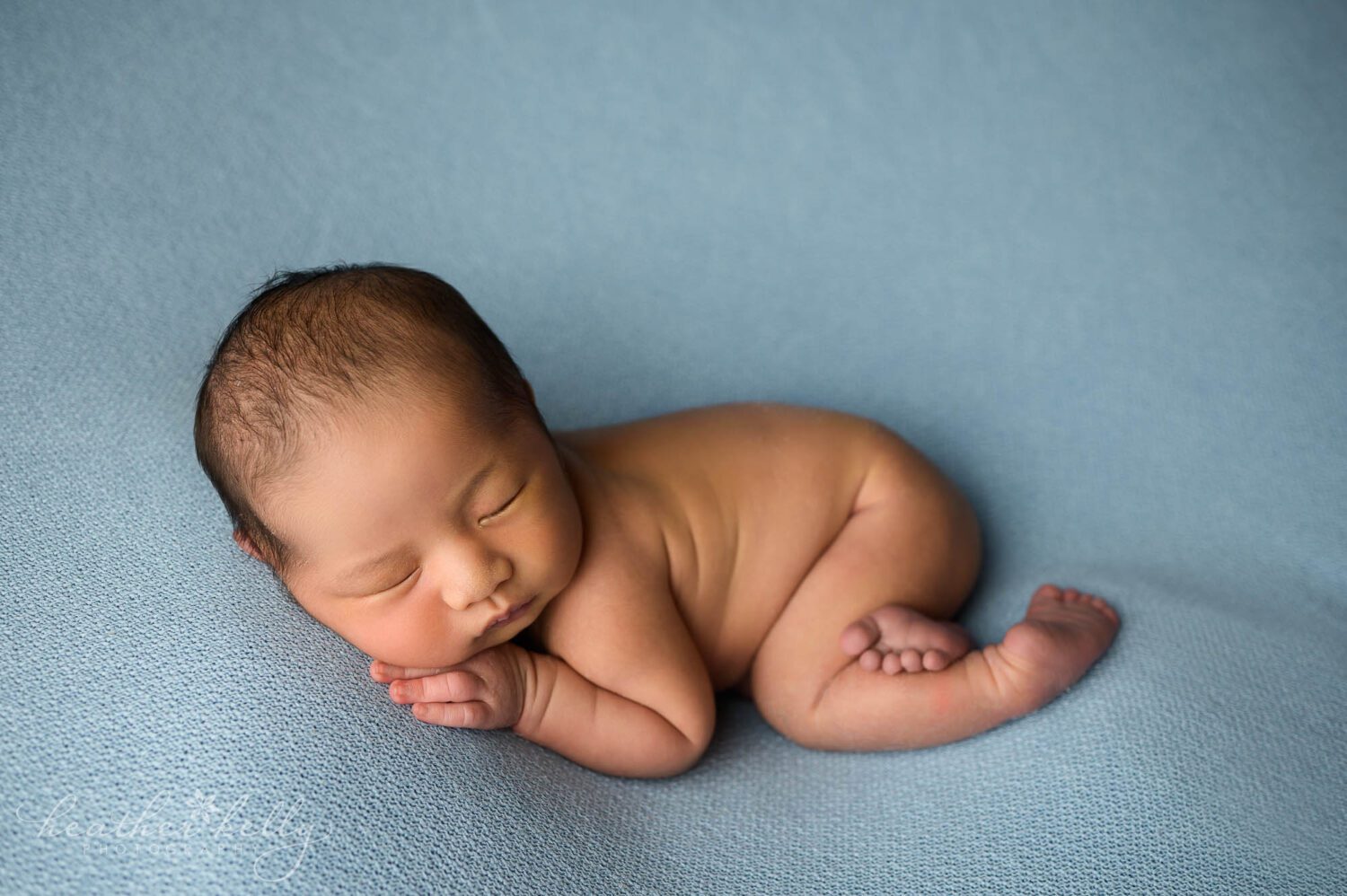 a curled up newborn boy posed on a blue backdrop